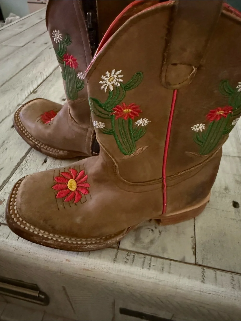 Kids Brown Western Boots with Red Floral Embroidery